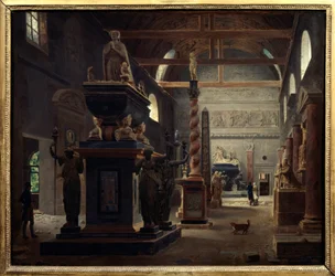 A sala de introdução do Musee des Monuments Francais no convento dos Petites Augustins rue Bonaparte em Paris Pintura de Jean Lubin Vauzelle (1776-afr 1837) 1812 Sol. 0,6x0,75 m Paris, Musee Carnavalet.