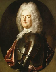 Retrato de um cavalheiro, meio comprimento, em armadura, um jabot branco e um carmesim, em um oval pintado,