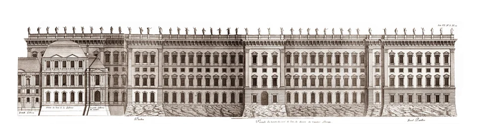 O Louvre em Paris, projeto de Gian Lorenzo Bernini: elevação da fachada principal voltada para o Sena - De "Architecture francoise" de Jacques-Francois Blondel - elevação da fachada principal do Sena - projeto de Bernin - gravura de Jean Marot
