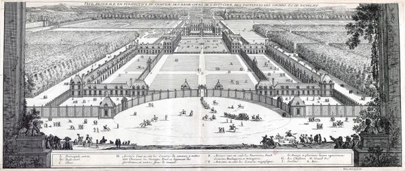 Vista geral em perspetiva do castelo, do castelo, do pátio, dos canteiros, dos jardins, etc. de Richelieu