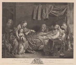 Família em torno de uma cama doente La Dame Bienfaisante (título no objeto)