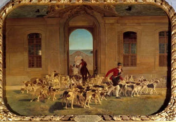 O pacote deixando os grandes estábulos de Chantilly Painting de Jean Maxime Claude (1824-1904) 1865 Sun. 0,66x0,91 m Chantilly, Musee Conde