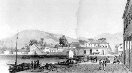 Custom House e St. Vincent&39;s Wharf, Trinidad, gravado por Eugene Ciceri, c.1850