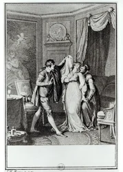 &39;&39; Tire esse véu &39;, disse a velha a Cândido&39;, ilustração do capítulo 7 de &39;Cândido&39; de François Voltaire (1694-1778) 1787 (gravura) (foto bw)