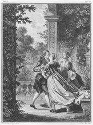 O primeiro beijo do amor, volume I, página 37, ilustração de &39;La Nouvelle Heloise&39; de Jean-Jacques Rousseau (1712-1778) gravada por Noel Le Mire (1724-1800)