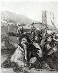 O meu capitão manteve-me escondido atrás dele, e com a sua cimitarra desenhada cortou todos os que se lhe opunham", ilustração do capítulo 11 de "Candide" de François Voltaire (1694-1778) (gravura) (foto a p/b)