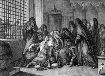 Abelard e Heloise: Heloise (1101-1164) tomando o véu na abadia das mulheres de Argenteuil. Gravura de Jean Michel Moreau, dit Moreau le Jeune (1741- 1814)