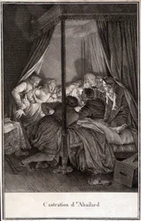 Castração de Pierre Abélard ou Pierre Abailard filósofo e teólogo francês (1079 a 1142). gravura de Moreau.