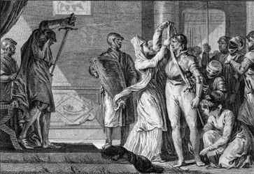 Cerimônia de amolecimento sob os Capetians: as mulheres colocam um cinto e esporas douradas num jovem feito cavaleiro, enquanto os escudeiros o cobrem com sua armadura. Século 10-11. Gravura de Jean Michel Moreau, dit Moreau le Jeune (1741- 1814)