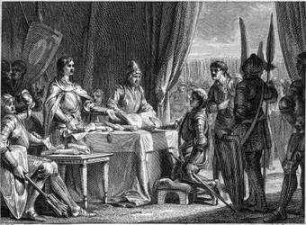 Charles Martel (688-741), Rei dos Francos, distribui os bens da Igreja aos seus soldados, 718. Gravura de Jean Michel Moreau, dit Moreau le Jeune (1741- 1814)