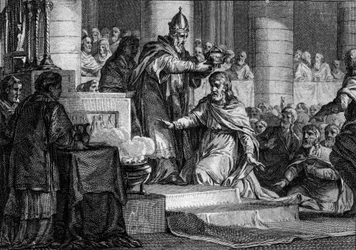 Coroação de Carlos Magno, 25 de dezembro de 800: o rei dos Francos (747-814) é consagrado imperador do Ocidente pelo papa Leão III (750-816) na Igreja de São Pedro em Roma. Gravura de Jean Michel Moreau, dito Moreau le Jeune (1741-1814)