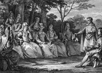 Corte do Amor na Idade Média na presença dos trovadores - Gravura de Jean Michel Moreau, dit Moreau le Jeune (1741- 1814)