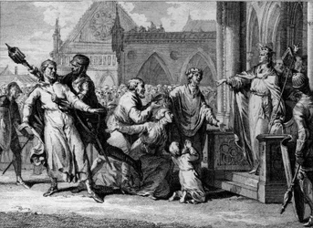 Dagobert 1st (602-605-638), Rei dos Francos, tenta afirmar a autoridade real na Borgonha, ouvindo as queixas dos habitantes contra os seus senhores. Gravura de Jean Michel Moreau, dit Moreau le Jeune (1741- 1814)