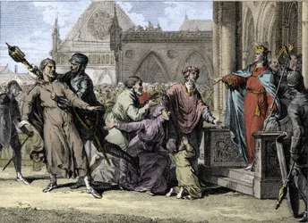 Dagobert 1st (602-605-638), Rei dos Francos, tenta afirmar a autoridade real na Borgonha, ouvindo as queixas dos habitantes contra os seus senhores. Gravura de Jean Michel Moreau, dit Moreau le Jeune (1741- 1814)