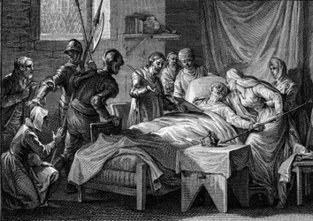 Morte e sucessão de Carlos II o Careca (823-877), 877: o rei entregou à imperatriz a coroa imperial, o seu cetro dourado, a espada de São Pedro e um testamento pelo qual designa o seu filho Luís o Mendigo por herança. Gravura de J
