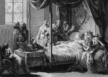 Morte de Dagobert I (602/605-638), Rei dos Francos, na presença de sua esposa, a Rainha Nantilde (ca. 610-642) e seu filho, o futuro Clovis II (ca. 635-657). Gravura de Jean Michel Moreau, dit Moreau le Jeune (1741- 1814)