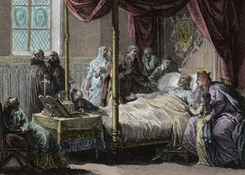 Morte de Dagobert I (602/605 - 638), Rei dos Francos, na presença de sua esposa, a Rainha Nantilde (ca. 610-642) e seu filho, o futuro Clovis II (ca. 635-657). Gravura de Jean Michel Moreau, dit Moreau le Jeune (1741- 1814)