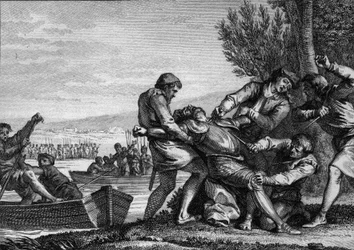 Morte de Guilherme I da Normandia (910-942), assassinado por Flamengos em Piquigny (Somme), 943. Gravura de Jean Michel Moreau, dito Moreau, o Jovem (1741-1814)