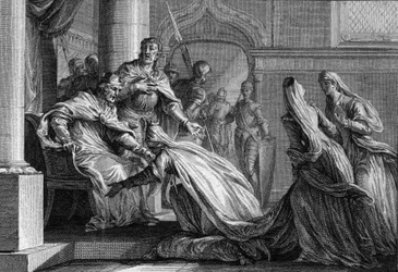 Emma da França (894-934), irmã de Hugues o Grande (897-956), prostra-se aos seus pés. Mariee tem Raoul de Borgonha (ou Rodolphe, 890-936), ela decidiu, a pedido de seu irmão, dar a coroa da França a seu marido, declarando "melhor beijá-la