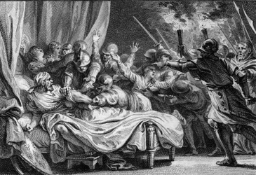 Fim da dinastia Carolíngia, 988: prisão de Carlos (953-991), Duque da Baixa Lorena, por Hugues Capet (941-996) e seu exército. Gravura de Jean Michel Moreau, dit Moreau le Jeune (1741- 1814)