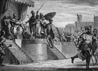 Fim da dinastia Merovingiana, 751: deposição do rei Childeric III (ca. 714-754) por Pepin the Brief (714-768). Gravura de Jean Michel Moreau, dit Moreau le Jeune (1741- 1814)