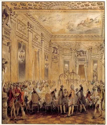 Festa dada por Jeanne Becu, Condessa (ou Madame) de Barry (1743-1793), amante de Luís XV, no castelo de Louveciennes em 2/09/1771 Aguarela de Jean Michel Moreau le Jeune (1741-1814). Sol 0,31x0,26 m Paris, musee du Louvre