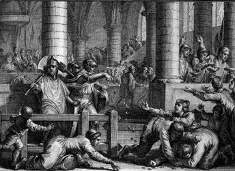 França, período carolíngio: curso plenário (festa comemorativa duas vezes por ano). Soldados jogam moedas para o povo, gravada por Jean Michel Moreau, dit Moreau le Jeune (1741- 1814)