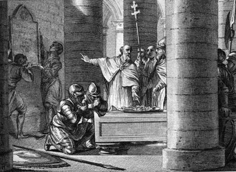 Fulrade (Fulrad), o grande capelão de Pepin the Brief, ofereceu ao Papa Estêvão II as chaves de quinze cidades tiradas dos Lombardos que constituiriam a base do Estado pontifício (755). De joelhos, os dois filhos de Pepin le Brief: Carlos e Carloma.