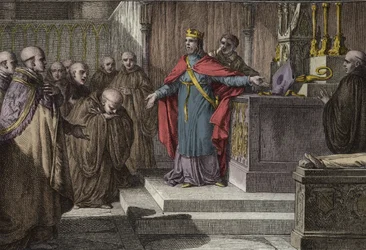 Hugues Capet (941-996) restabeleceu as eleições canónicas: o rei dos Francos permitiu aos monges elegerem os seus abades, colocando sobre um altar uma cruz e uma mitra. Gravura de Jean Michel Moreau, dit Moreau le Jeune (1741- 1814)