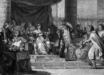 Representação imaginária do regimento de "reis preguiçosos" merovíngiosos: Clovis III (682-695), Childebert III (683-711) e Dagobert III (cerca de 697-715) estão a dormir e sentados atrás do presidente da câmara de Pepin le Jeune ou Herstal Palace (cerca d