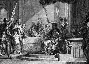 Interregne de Charles Martel, 737: Charles Martel, prefeito do Palácio, interregne após a morte de Thierry IV (713-737). Gravura de Jean Michel Moreau, dit Moreau le Jeune (1741- 1814)