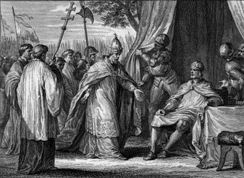 Entrevista entre o Papa Gregoire IV (falecido em 844) e Luís I o Pio ou o Debonário (778-840), em 833, a fim de resolver a disputa entre o rei e seus filhos, Lothaire, Pepin e Luís. Gravura de Jean Michel Moreau, dit Moreau le Jeune (1741- 18