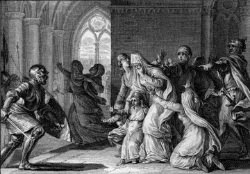Luís 1º o Pio (o Debonário) persegue suas irmãs e sobrinhos para fora do palácio, 814. Eles são acusados de conspirar contra ele. Gravura de Jean Michel Moreau, dit Moreau le Jeune (1741- 1814)