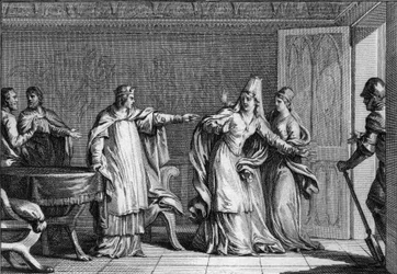 Luís V, o Faineant (966-987), Rei dos Francos, expulsa sua mãe, Rainha Emma da Itália (945-988), acusada de envenenar seu marido, Rei Lothaire (941-986), 987. Gravura de Jean Michel Moreau, dit Moreau le Jeune (1741- 1814)