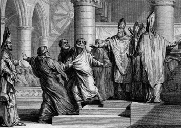 Penitência e deposição de Luís I o Pio ou o Debonário (778-840), 833: depois de confessar, o rei é despojado de ornamentos imperiais pelo Arquivo de Reims, depois coberto com um saco de penitente. Gravura de Jean Michel Moreau, dit Moreau le Jeu