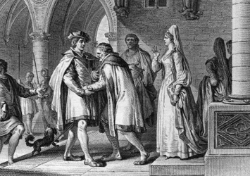 Philip I (1052-1108), Rei dos Francos, visitando a corte do Conde de Anjou, Foulques le Rechin (1042-1109). Esta viagem é um pretexto para organizar o seu casamento com Bertrade de Montfort (cerca de 1070-1118), esposa do Conde. 1095. Gravura de Jean Mich