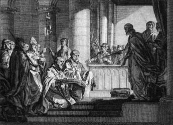 O Papa Gregoire III (falecido em 741) pediu ajuda ao Rei dos Francos Charles Martel (688-741) para repelir as tropas lombardas da Itália, 741. Gravura de Jean Michel Moreau, dit Moreau le Jeune (1741- 1814)