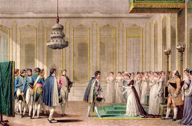 Proxy proposta de casamento de Napoleão apresentada à Imperatriz da Áustria pelo príncipe de Neufchatel (Louis-Alexandre Berthier) - gravura depois de Jean-Michel Moreau le jeune - Num quarto do seu apartamento, Imperatriz Marie Louise da Áustria (Marie-Lo