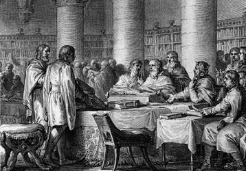Restabelecimento dos estudos no Ocidente pelo Rei dos Francos Carlos Magno (747-814) e pelo monge Alcuin. 781. Gravura de Jean Michel Moreau, dit Moreau le Jeune (1741- 1814)