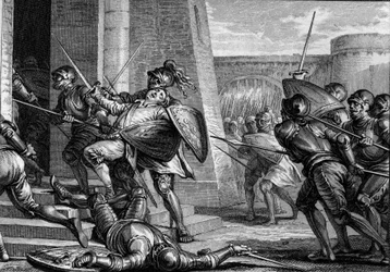 Robert the Fort morreu (cerca de 815-866), Duque de França, durante a Batalha de Brissarthe, em 866, opondo os Francos a um exército que combinava bretão e viking. Gravura de Jean Michel Moreau, dit Moreau le Jeune (1741- 1814)