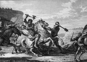 Cerco de Paris pelo exército de Otão II, 978: um cavaleiro alemão, sobrinho do imperador, é assassinado ao tentar entrar em Paris. Gravura de Jean Michel Moreau, dito Moreau, o Jovem (1741-1814)