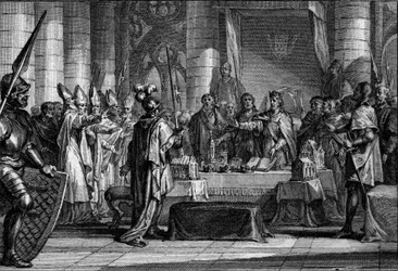 Sucessão de Luís 1º o Pio ou o Debonário, 816: o imperador do Ocidente (778-840) antes das três coroas simbolizando a divisão do seu império em três reinos, cada uma voltando para um dos seus filhos (Lothaire, Pepin, Luís). Gravura de Jean Mi