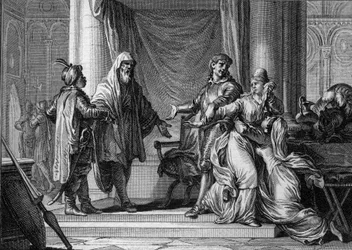 A princesa da Aquitânia, Lampagie, foi obrigada pelo pai (Eudes) a casar com o capitão mouro Munuza (Uthman ibn Naissa), a fim de assegurar a paz com os sarracenos, 730. Gravura de Jean Michel Moreau, conhecido como Moreau le Jeune (1741-1814)