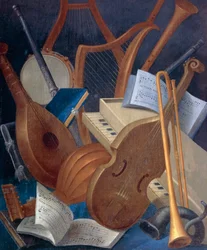 Instrumentos musicais, detalhe de Alegoria da Música, pintura de painel de Jean Mosnier (1600-1656). Castelo de Beauregard, Loir-et-Cher, França.