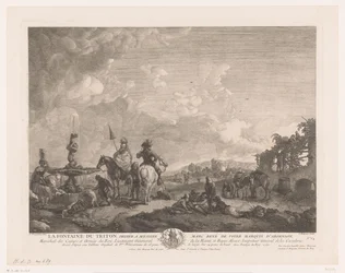 Paisagem com figuras por uma fonte La Fontaine du Triton (título no objeto) Impressões após pinturas de Philips Wouwerman (título da série) Oeuvres de Ph.pe Wouwermans Hollandois (título da série)