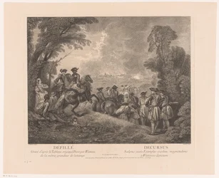 Procissão com soldados a caminho de uma cidade Défillé - Decursus (título no objeto) Obras de Antoine Watteau (título da série) A obra de Antoine Watteau, peintre du roy en son Academie roïale de peinture et escultura (...) (título da série)