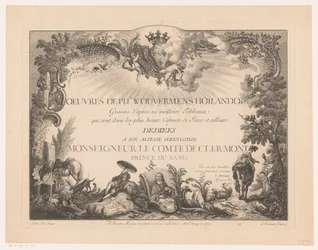 Impressão de título com figuras e animais numa paisagem, com o retrato de Philips Wouwerman
Impressões após pinturas de Philips Wouwerman (título da série)
Oeuvres de Ph.pe Wouwermans Hollandois (título da série sobre o objecto)