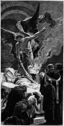 A transfiguração de Santa Geneviève. Gravura depois do fresco de Jean Paul Laurens (1838-1921) no Panteão de Paris. Em "O Mundo Ilustrado" n°1312 de 20 de maio