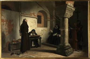 Bernard Delicieux (1260-1319) perante o tribunal da Inquisição - Pintura de Jean Paul (Jean-Paul) Laurens (1838-1921), óleo sobre tela, cerca de 1881, 79x121 cm - (Bernard Delicieux perante o Tribunal da Inquisição, Óleo sobre tela de Jean Paul Laurens) - 