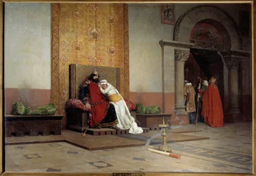 Excomunhão de Roberto II, o Piedoso, em 998. O rei de França, filho de Hugo Capeto, apaixona-se pela sua prima Berta da Borgonha e casa-se com ela apesar da desaprovação do papa Gregório V, que também o excomunga. Jean Paul Laurens (1838-1921)